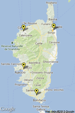Vliegvelden op de kaart van Corsica